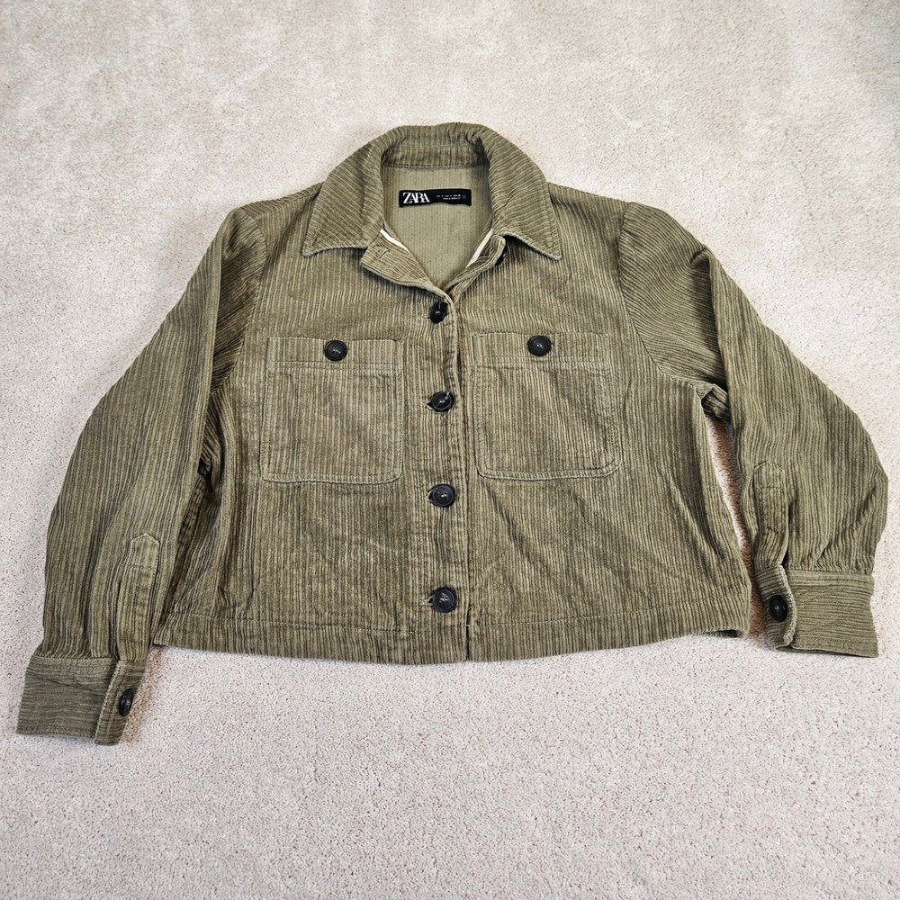 Zara Corduroy Cropped Jacket Olive Green Button Down Utility Style Size Small